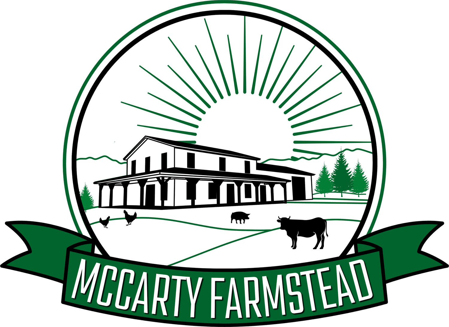 Logo of McCarty Farmstead featuring a traditional farm building, livestock including a cow and pig, and chickens, with a sunburst design and mountains in the background. The logo emphasizes sustainable farming and rural heritage.